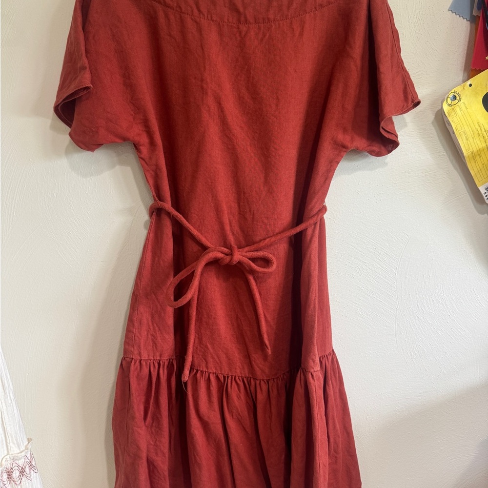Trina Turk Linen Tie-Waist Midi Dress in Rust Red